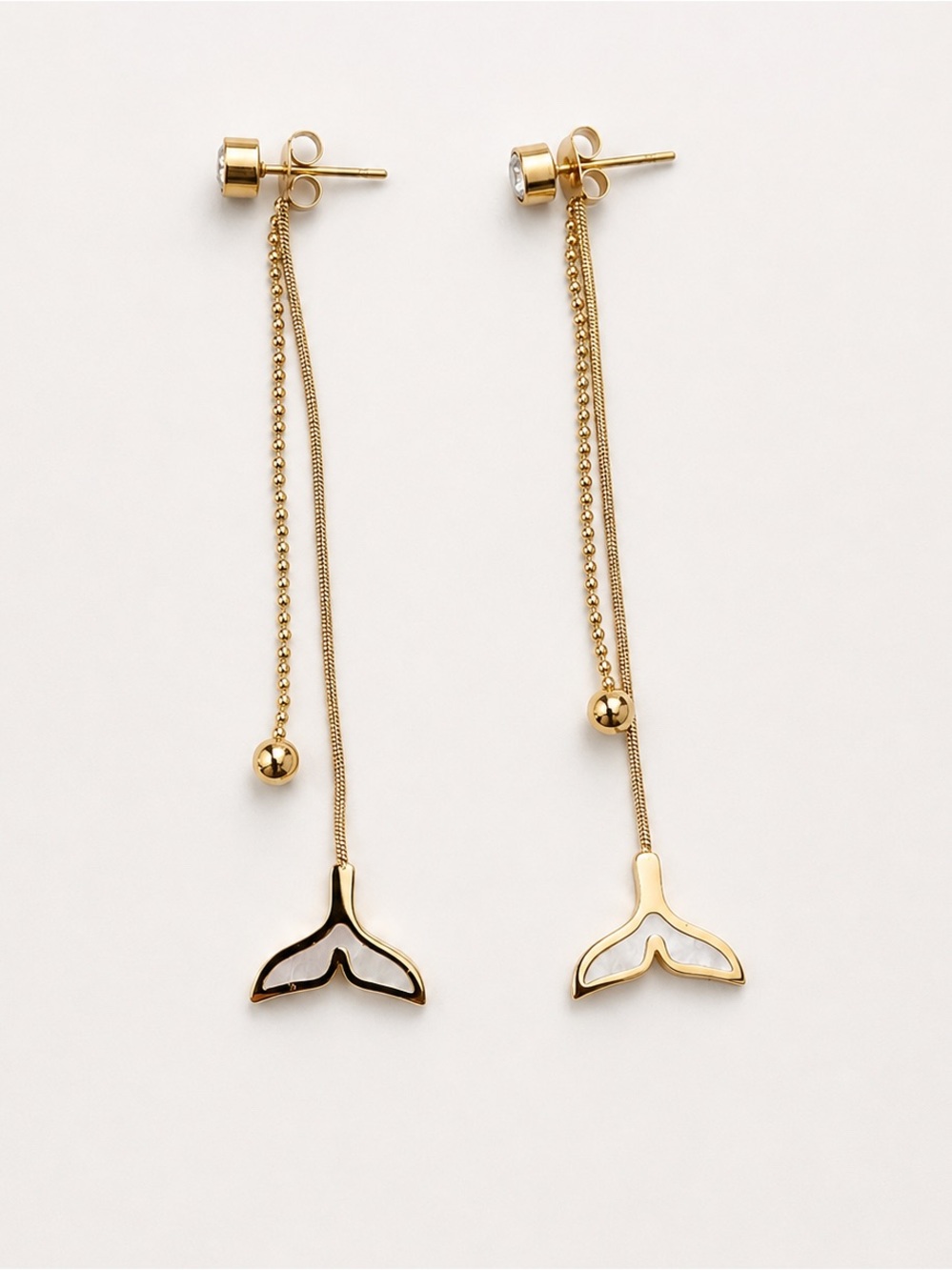 18K Gold Plated Stainless Steel Whale Tail Long Drop Earrings - Picture 1 of 4